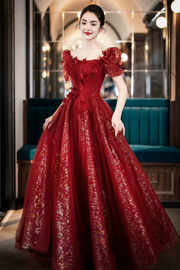 Beautiful Tulle Off the Shoulder Floor Length Prom Dress Dark Red Short Sleeve Evening Dress