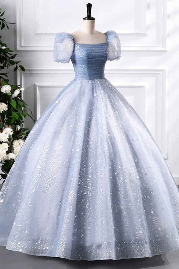 Blue Tulle Sequins Floor Length Prom Dress Elegant Short Sleeve Evening Party Dress