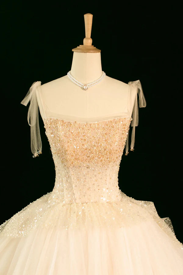 Champagne Tulle Beaded Long Prom Dress A-Line Evening Party Dress