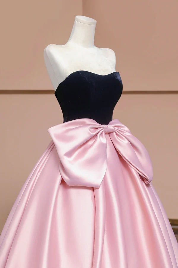 Black Velvet and Pink Satin Long Prom Dress with Bow Beautiful A-Line Strapless Formal Party Dress