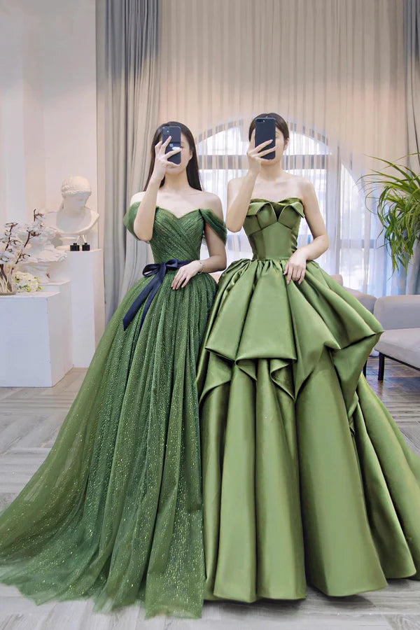 Shiny Tulle Off Shoulder Long Prom Dress Green Evening Party Dress