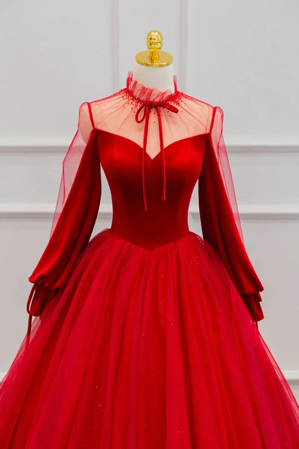 Red Velvet and Tulle Floor Length Prom Dress Long Sleeve Beautiful A-Line Party Dress