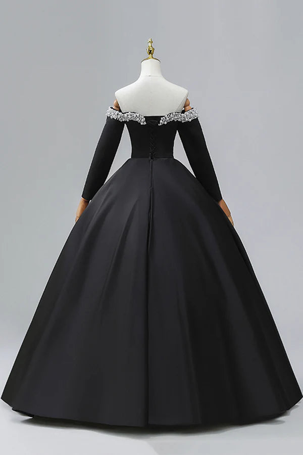 Black Off the Shoulder Pearls Long Sleeve Prom Dress A-Line Evening Party Dress with Slit
