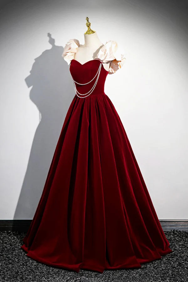 A-Line Velvet Floor Length Prom Dress Burgundy Off the Shoulder Evening Party Dress