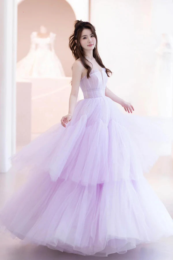Purple Tulle Long A-Line Formal Dress A-Line Strapless Evening Party Dress