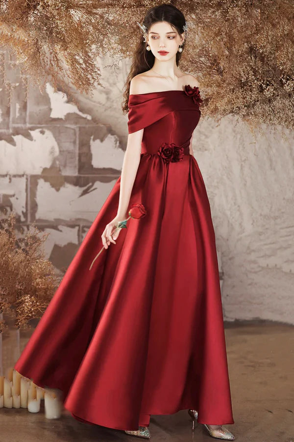 Burgundy Satin Long A-Line Prom Dress Off the Shoulder Evening Party Dress