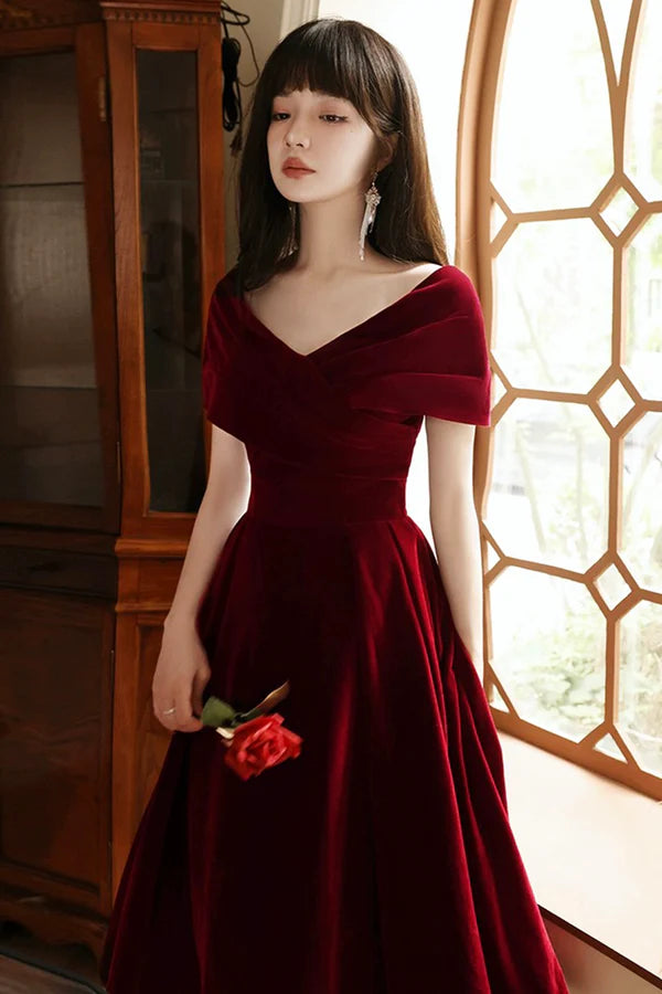 Burgundy V-Neck Velvet Floor Length Prom Dress Off the Shoulder Evening Party Dress