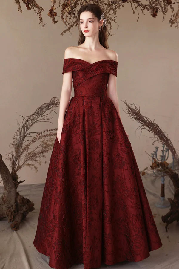Burgundy Satin Long Prom Dress Beautiful A-Line Off the Shoulder Evening Party Dress