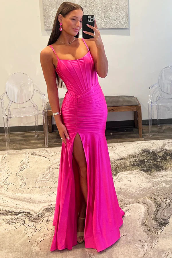 Mermaid Spaghetti Strap Satin Long Prom Dress Hot Pink Corset Evening Party Dress