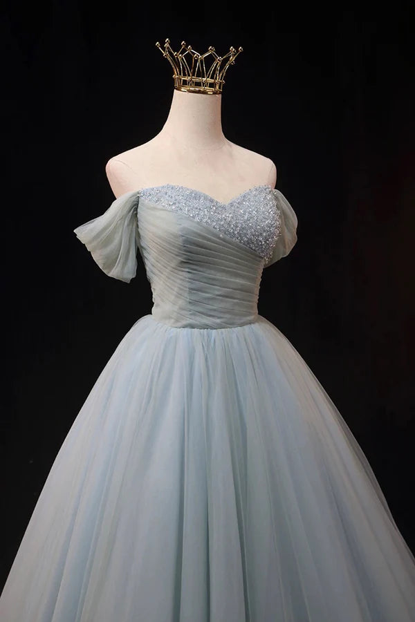 Dusty Blue Tulle Beaded Floor Length Formal Dress Off the Shoulder A-Line Evening Party Dress