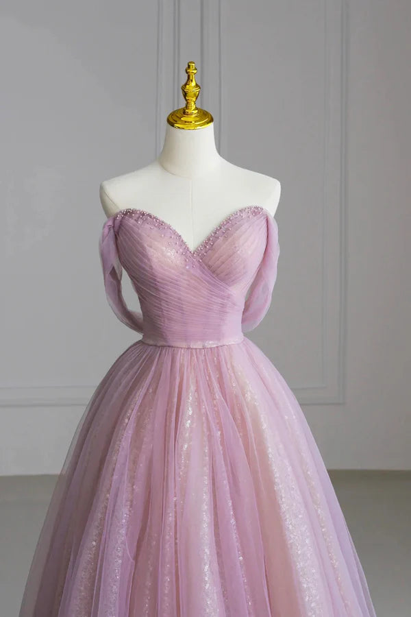 Pink Off the Shoulder Tulle Sequins Evening Prom Dress Beautiful A-Line Party Dress