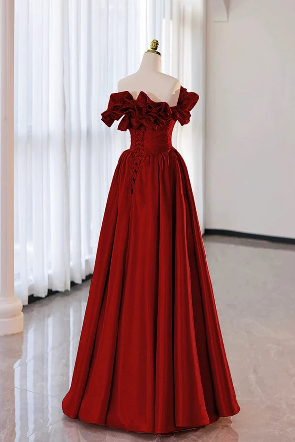 Burgundy Strapless Satin Long Prom Dress A-Line Evening Party Dress