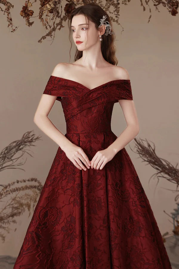 Burgundy Satin Long Prom Dress Beautiful A-Line Off the Shoulder Evening Party Dress