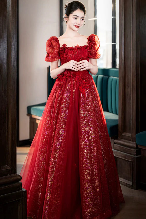 Beautiful Tulle Off the Shoulder Floor Length Prom Dress Dark Red Short Sleeve Evening Dress