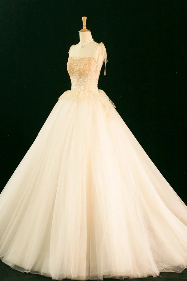 Champagne Tulle Beaded Long Prom Dress A-Line Evening Party Dress