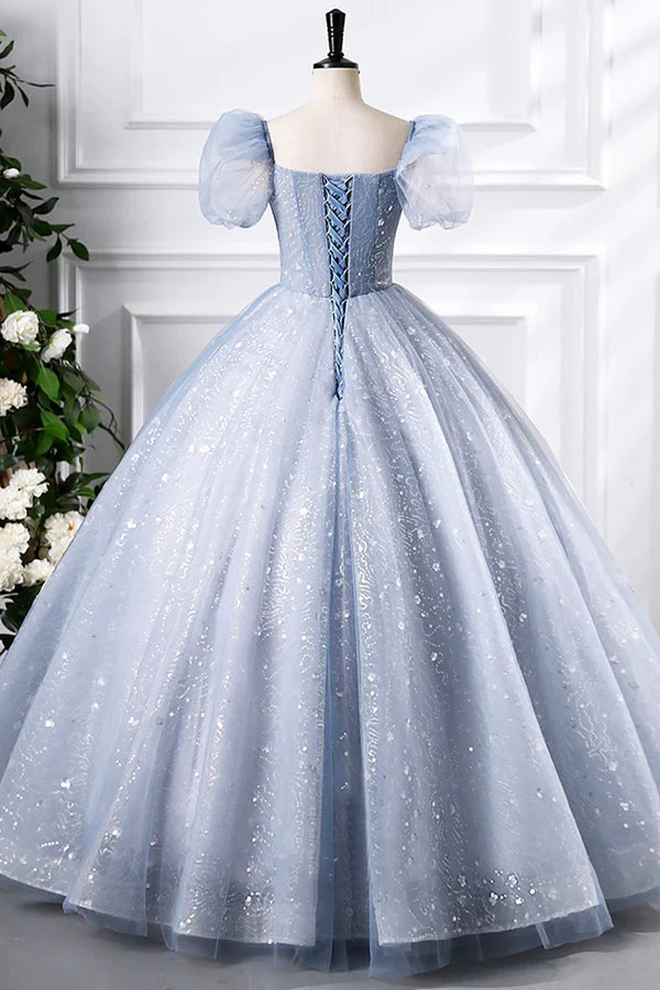 Blue Tulle Sequins Floor Length Prom Dress Elegant Short Sleeve Evening Party Dress