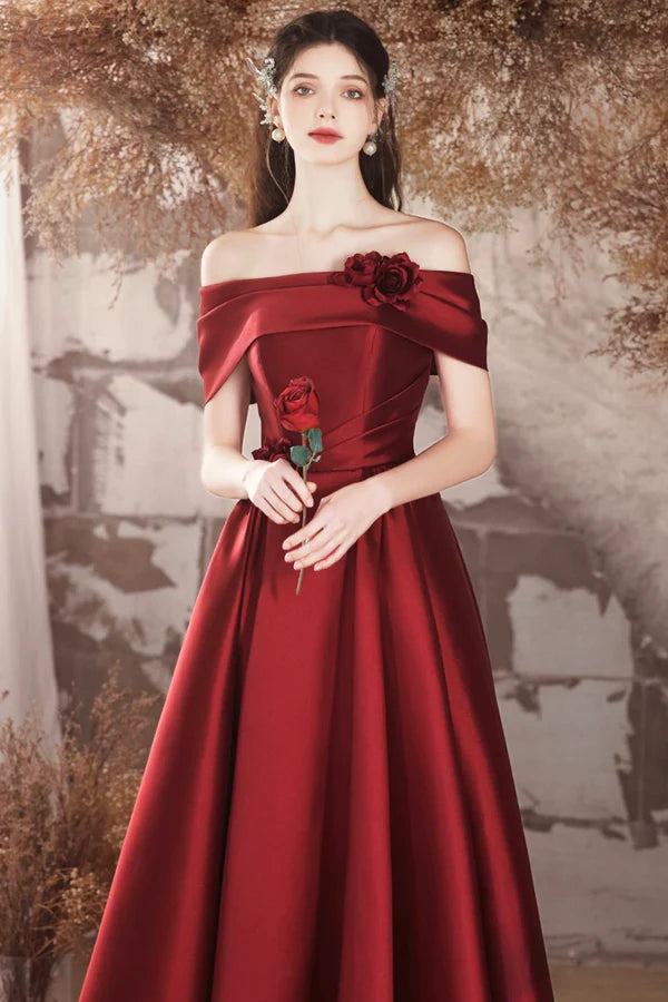 Burgundy Satin Long A-Line Prom Dress Off the Shoulder Evening Party Dress