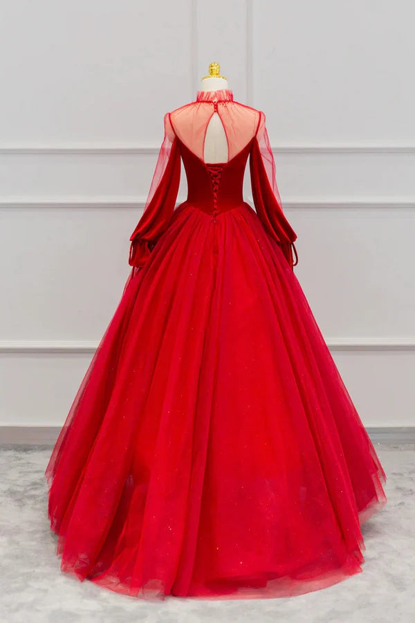 Red Velvet and Tulle Floor Length Prom Dress Long Sleeve Beautiful A-Line Party Dress