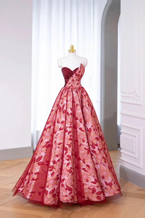 Burgundy Sequins Printing Floor Length Prom Dress Off the Shoulder Evening Party Dress