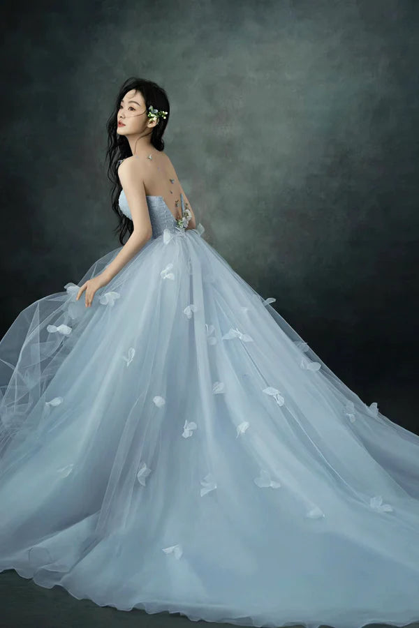 Gray Blue Strapless Tulle Long Prom Dress Beautiful A-Line Evening Party Dress