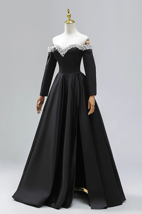 Black Off the Shoulder Pearls Long Sleeve Prom Dress A-Line Evening Party Dress with Slit