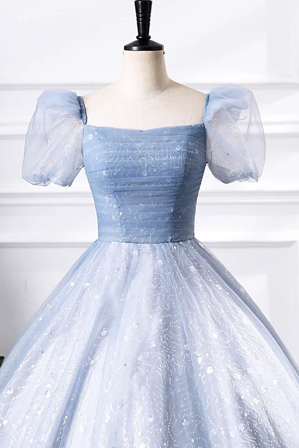 Blue Tulle Sequins Floor Length Prom Dress Elegant Short Sleeve Evening Party Dress