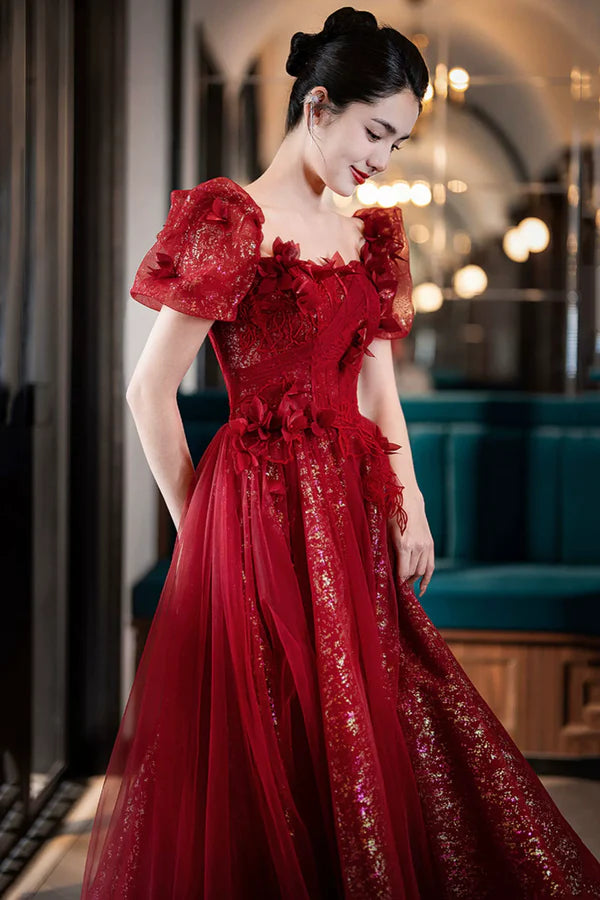 Beautiful Tulle Off the Shoulder Floor Length Prom Dress Dark Red Short Sleeve Evening Dress