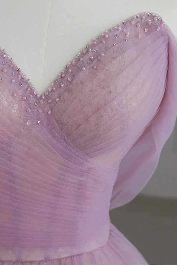 Pink Off the Shoulder Tulle Sequins Evening Prom Dress Beautiful A-Line Party Dress