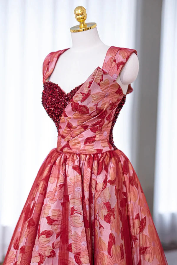 Burgundy Sequins Printing Floor Length Prom Dress Off the Shoulder Evening Party Dress