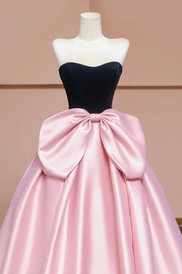 Black Velvet and Pink Satin Long Prom Dress with Bow Beautiful A-Line Strapless Formal Party Dress