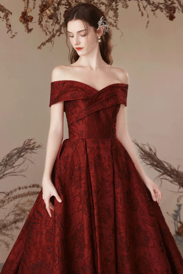 Burgundy Satin Long Prom Dress Beautiful A-Line Off the Shoulder Evening Party Dress