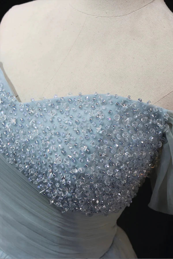 Dusty Blue Tulle Beaded Floor Length Formal Dress Off the Shoulder A-Line Evening Party Dress