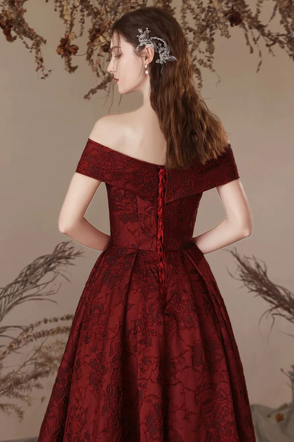 Burgundy Satin Long Prom Dress Beautiful A-Line Off the Shoulder Evening Party Dress