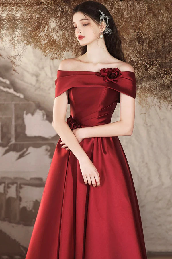 Burgundy Satin Long A-Line Prom Dress Off the Shoulder Evening Party Dress