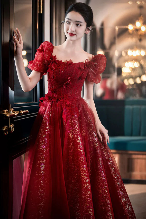 Beautiful Tulle Off the Shoulder Floor Length Prom Dress Dark Red Short Sleeve Evening Dress