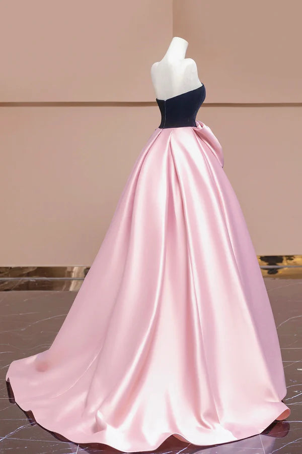 Black Velvet and Pink Satin Long Prom Dress with Bow Beautiful A-Line Strapless Formal Party Dress