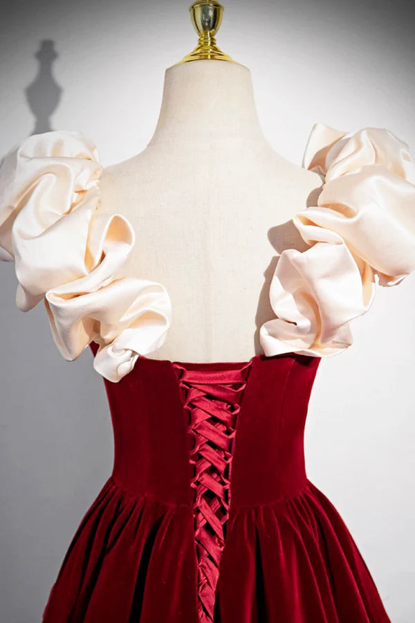 A-Line Velvet Floor Length Prom Dress Burgundy Off the Shoulder Evening Party Dress