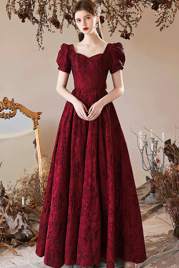 Burgundy Satin Floor Length Prom Dress A-Line Short Sleeve Evening Party Dress