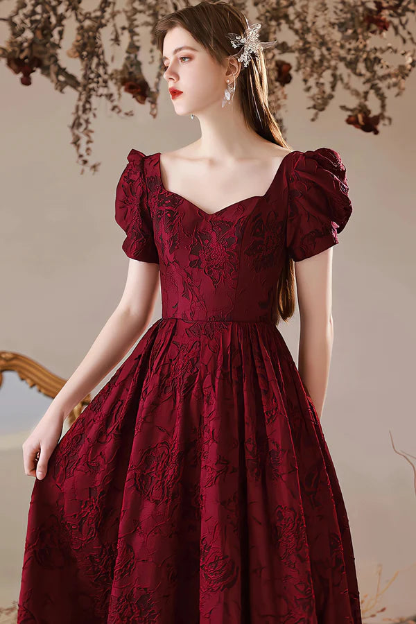 Burgundy Satin Floor Length Prom Dress A-Line Short Sleeve Evening Party Dress