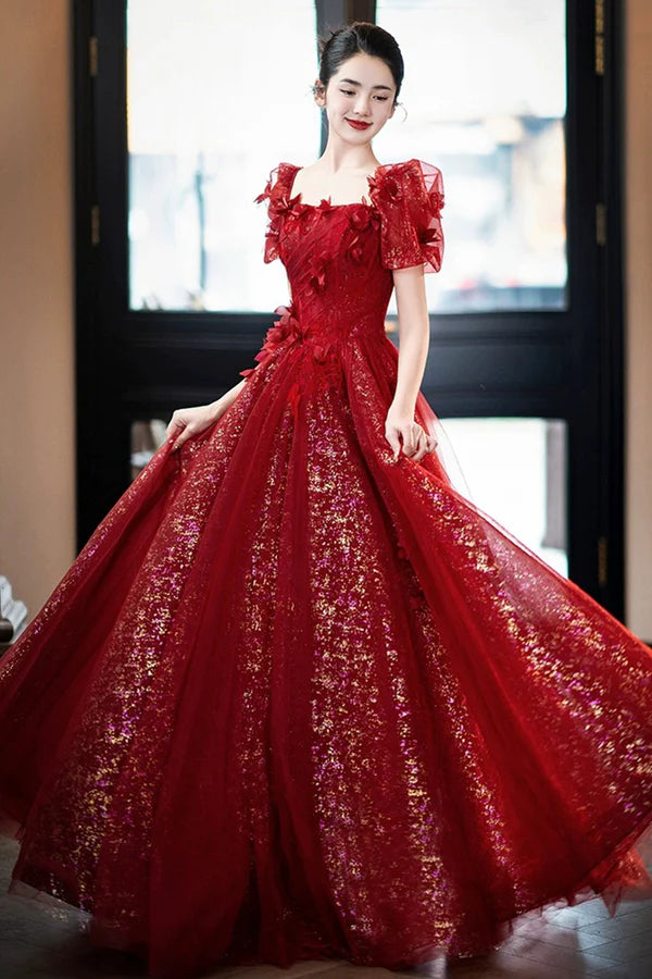 Beautiful Tulle Off the Shoulder Floor Length Prom Dress Dark Red Short Sleeve Evening Dress