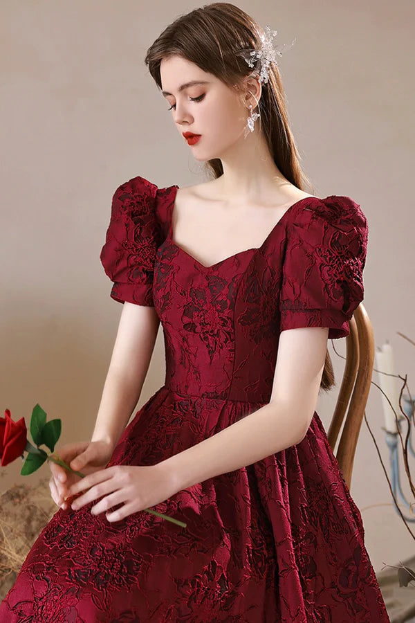 Burgundy Satin Floor Length Prom Dress A-Line Short Sleeve Evening Party Dress