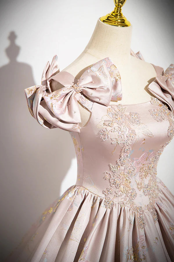 Pink Satin Lace Long Prom Dress A-Line Scoop Neckline Formal Evening Dress