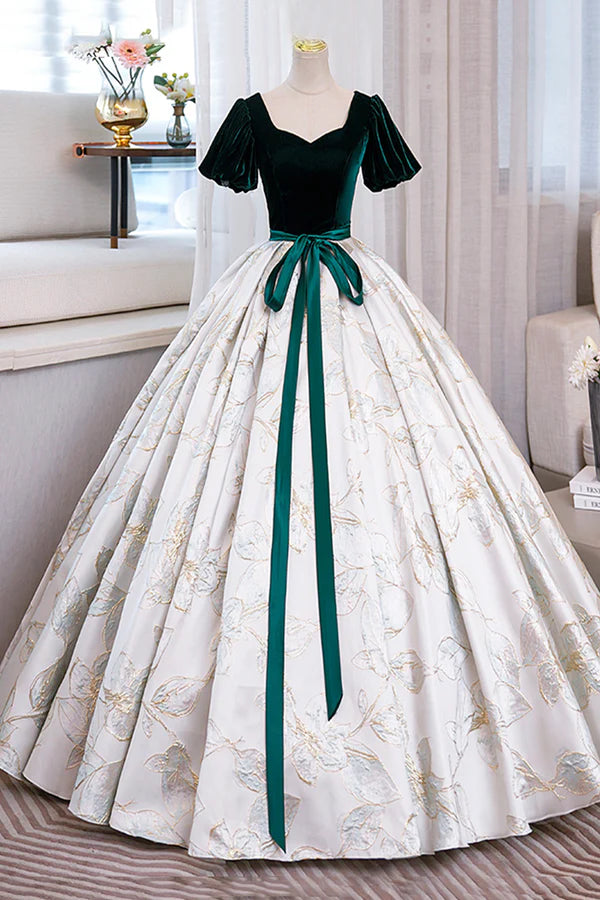 Green Velvet Floor-Length Printing Prom Dresses A-Line Short Sleeve Evening Formal Dresses