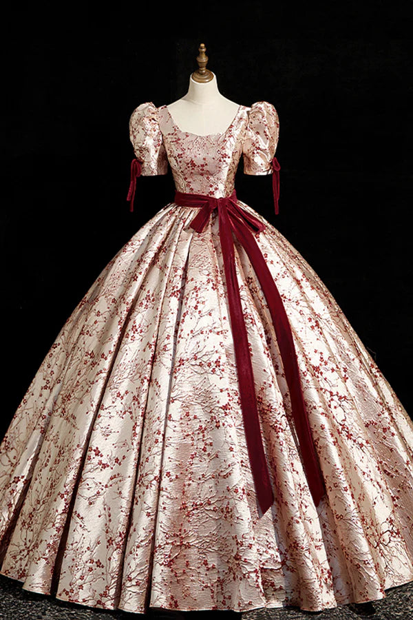 Fashion Floor-Length Printing Prom Dresses Square Neckline Short Sleeve Backless Bow Sash Prom Formal Dresses