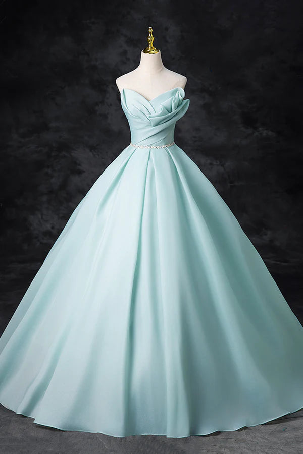 Blue Tulle Floor Length Party Dress A-Line Strapless Formal Evening Dress
