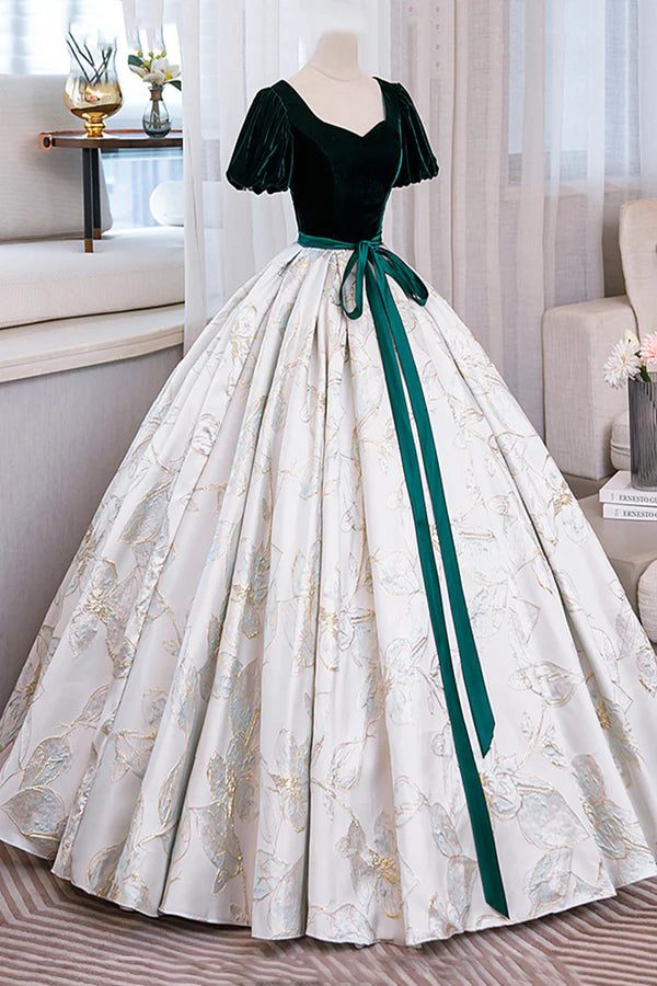 Green Velvet Floor-Length Printing Prom Dresses A-Line Short Sleeve Evening Formal Dresses