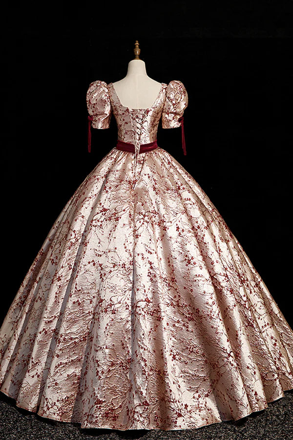 Fashion Floor-Length Printing Prom Dresses Square Neckline Short Sleeve Backless Bow Sash Prom Formal Dresses