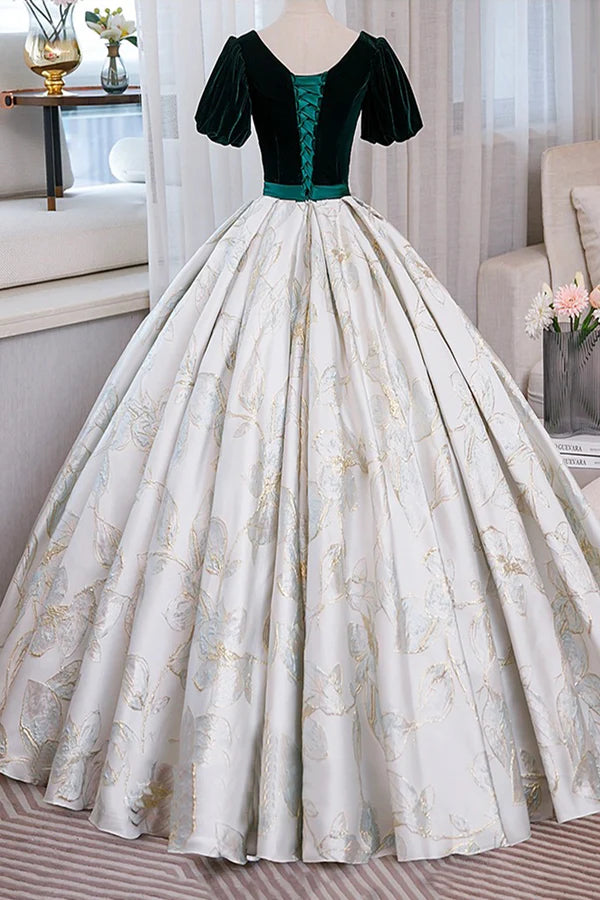 Green Velvet Floor-Length Printing Prom Dresses A-Line Short Sleeve Evening Formal Dresses