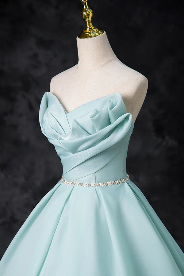 Blue Tulle Floor Length Party Dress A-Line Strapless Formal Evening Dress