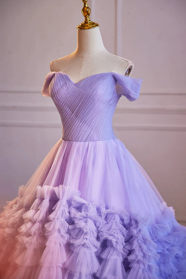 Purple Off the Shoulder Tiered Ruffles Long Ball Grown Prom Formal Party Dresses